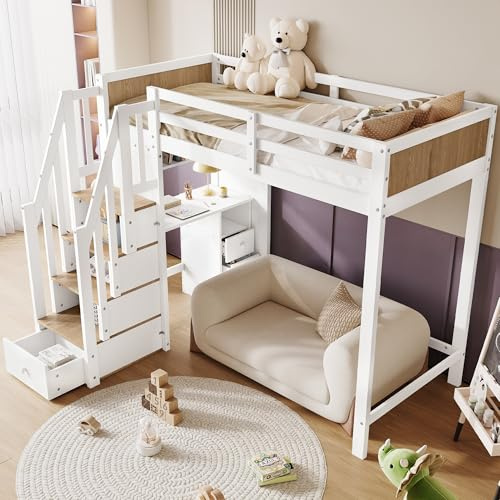 Merax Hochbett 90x200cm, Kinderbett mit Schreibtisch & Regale, multifunktionales Etagenbett mit Treppe Stauraum, Stockbett mit Rausfallschutz & Lattenrost, für Jungen, Mädchen, Ohne Matratze, Weiß