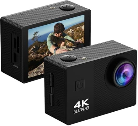 Cámara de Acción 4K HD, Cámara de Video en Ciclismo con Pantalla de 2, Amplio ángulo de 170°, Estabilización Electrónica, Grabación de Bucle, Videocámara Deportiva para Vlog