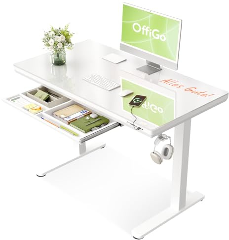 OffiGo Bureau Assis Debout en Verre avec Tiroir 120×60 cm, Blanc