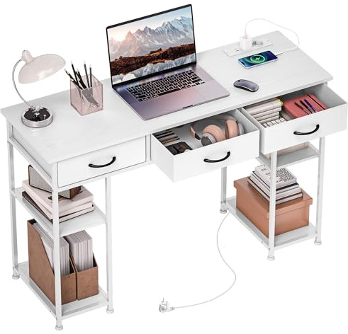 HOMCOM Scrivania per computer con 2 punti di ricarica USB e 2 prese di corrente, scrivania con contenitore 120 x 40 cm, ripiani regolabili e 3 cassetti in tessuto, postazione di lavoro, struttura in