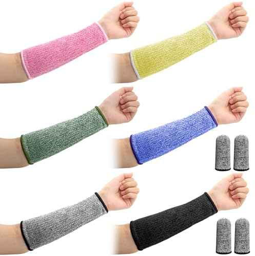 KASURE 6 Stück Armschützer, Armstulpen Schnittschutzklasse 5, Schnittfeste Arm Sleeve und 4 Stück Fingermanschetten, Unterarmschutz ideal für Kochen, Gartenarbeit (20cm)