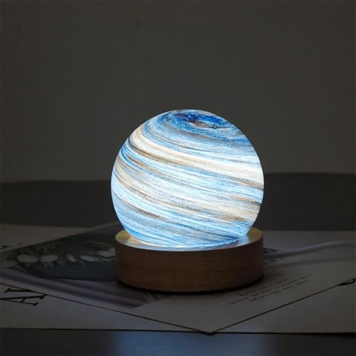 Erdblaue Planet Glas Kugellampe mit Holzbasis Dreifarbige Dimming Design Swirl Planet Tischlampe Anzug für Schlafzimmer Nachttisch Wohnzimmer USB Stecker