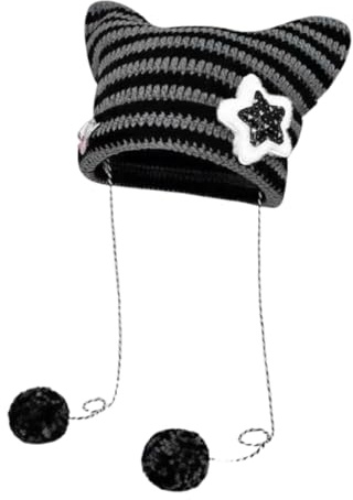 OUDQFCJ 1 Pcs Fairy Grunge Beanie Y2K Katze im gestreiften Hut Häkelmütze Slouchy Winter Warm Strickmütze