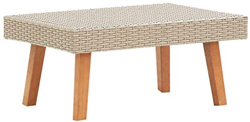 HaoChrymec Garten-Couchtisch mit PE-Rattan, Pulverbeschichteter Stahlrahmen und Eukalyptusholz, Beistelltisch Outdoor, Loungetisch Garten, Beige, 70 x 50 x 33 cm