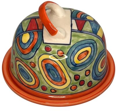 Handbemalte Keramik Käseglocke • Runde Butter-/Käseglocke Ø 15 cm, Höhe 12 cm • Spülmaschinenfest • Ideal für Käse & Butter • Rustikaler Küchentisch-Charme