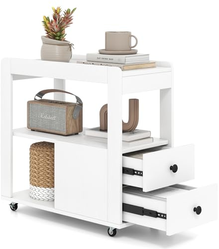 COSTWAY Beistelltisch schmal, Nachttisch mit Rollen, 2 Schubladen und offenen Ablagen, Sofatisch, Nachtschrank für Wohnzimmer, Schlafzimmer, 65 x 30 x 63 cm (Weiß)