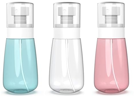 Lammcou Små sprayflaskor för fyllning uppsättning av 3 – fin dimma minisprayflaska – återanvändbar, läckagesäker, resestorlek TSA-godkänd, för ansikte, hår, toner (blå + klar + rosa, 60 ml x 3)