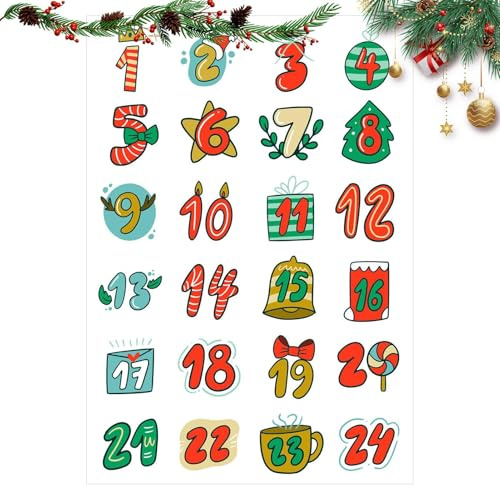 laxreheye Autocollants de Noël – autocollants numérotés pour calendrier de l'avent, étiquettes avec numérotation 1-24 pour comptage à rebours | pour bouteille de fête, porte murale adultes enfants