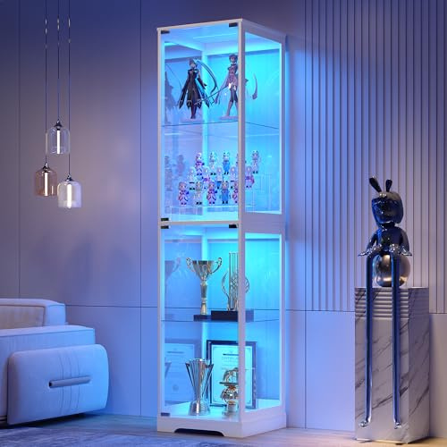 FREDEES Glass Display Cabinet with LED Lights, 165CM Tall, White