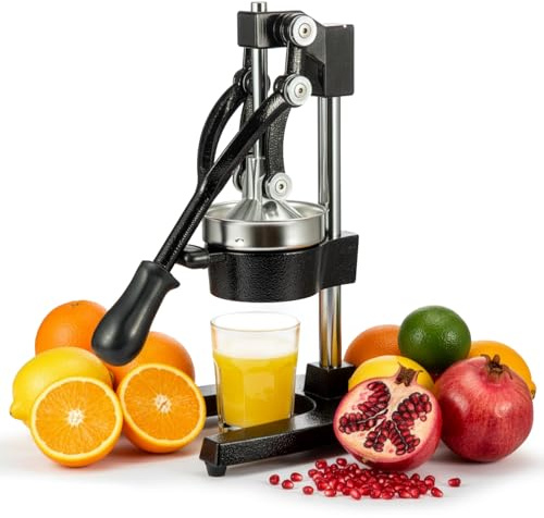GreenWhim Heavy Duty Manual Citrus Juicer Professional Hand Press with Conical and Flat Pressure Plates Lemon Lime Orange Juice Extractor Dishwasher Safe Black (Black)