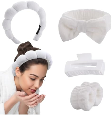 HUZNA 5 stycken hårband kosmetika, hudvård pannband tvätta ansikte handledsband set, spa pannband makeup svamp set kvinnor, för kvinnor flickor yoga sport dusch sminkborttagning (vit)