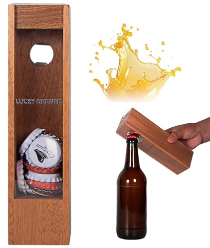Abridor de botellas de madera con recogedor de tapas integrado, abridor de cerveza de madera maciza de mano, colector de tapas de mesa para cocina, bar, fiesta, regalo para amantes de la cerveza