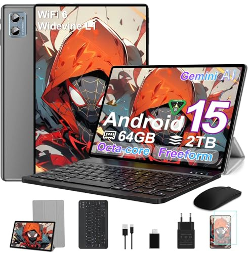 SUAAT 2026 Tablette 10 Pouces Android 15 Octa Core avec 64Go RAOM +2To TF | 5G + 2.4G WiFi | FHD | GMS | Bluetooth 5.0 | 8MP + 5MP | Type C, Tablette Tactile avec étui, Clavier et Souris -Gris