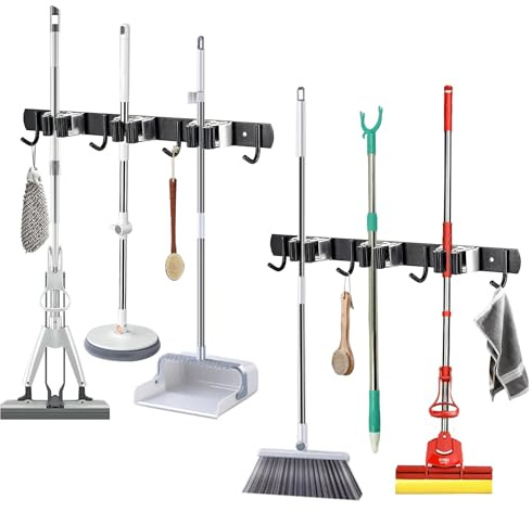 Dcceeo 2 Stück Besenhalterung Wand, Besenhalterung Wandhalterung Edelstahl mit 3 Besen Halter & 4 Haken Gartengerätehalter Besen und Mop Halter Multifunktionaler Gerätehalter für Zuhause Küche Garage