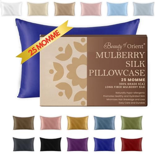 Beauty of Orient 25 Momme Premium-Maulbeerseide-Kissenbezug für Haar und Haut, handgefertigt, hypoallergen und Anti-Akne-Seide, Standard-Kissenbezüge mit Reißverschluss, 50,8 x 66 cm, Königsblau