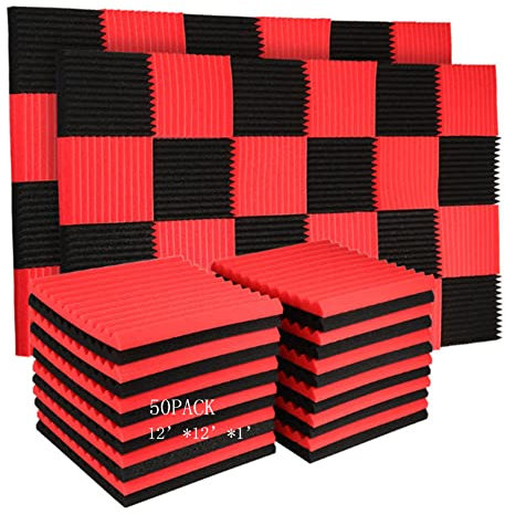 Burdurry 50 Pack Acoustic Panels Soundproof Studio Foam for Walls Sound Absorbing Panels Sound Insulation Panels Wedge for Home Studio Ceiling, 1 X 12 X 12 (50PCS, Black&Red)