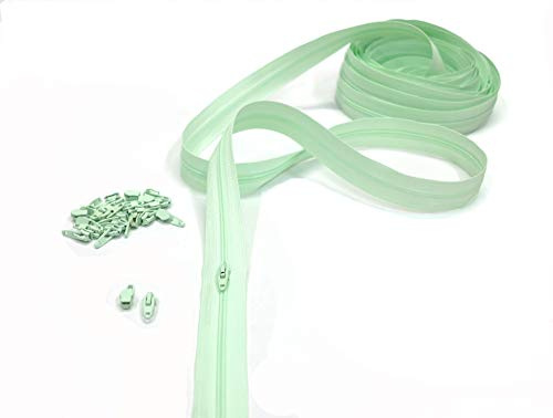 Cerniere Lampo al Metro in Nylon, Catena Continua, 20 Colori a Scelta, Zip in Metallo, 7 Lunghezze, 4 mm 100% Poliestere, Made in Italy (Water Green, 20 m + 50 Cursori)