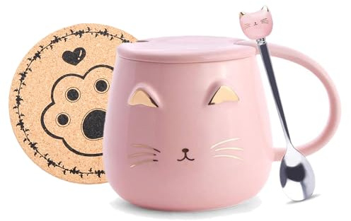 Süße Tasse Rosa Katze Kaffeetassen aus Keramik Lustig Teetassen mit Katzenpfote Löffel Heiße Schokolade Neuheit Becher Weihnachten Geburtstag Geschenk für Mädchen Frauen (Rosa)
