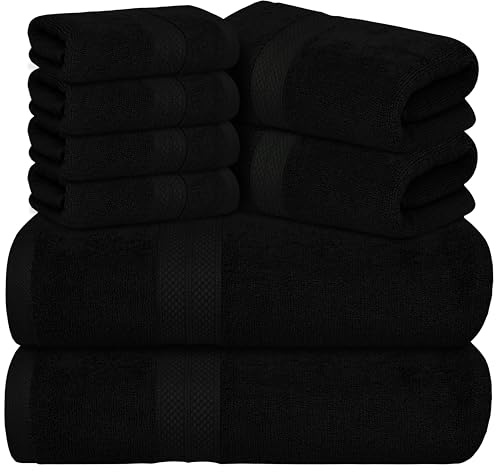 Avalon Towels Luxury 8 Piece Black Towels Set, 2 Bath Towels, 2 Hand Towels and 4 Washcloths, 600 GSM 100% Ring Spun Cotton Highly Absorbent Black Bathroom Towels, Ideal for Hotel, Spa and Gym