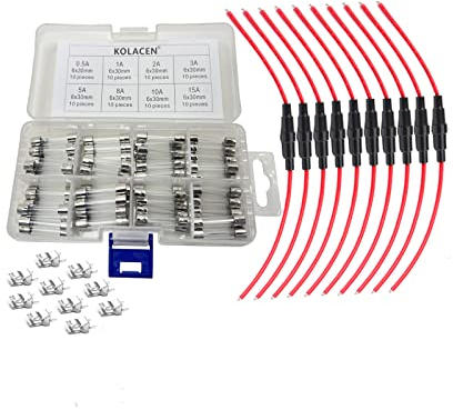 KOLACEN Car Inline Vis Type 6x30mm Porte-fusible 16 Awg Fil 10 Pcs + 80 Pcs Fusible En Verre Rapide Rapide 6 x 30 mm Kit Assorti 0.5A 1A 2A 3A 5A 8A 10A 15A + 10 Pcs Clips De Fusible