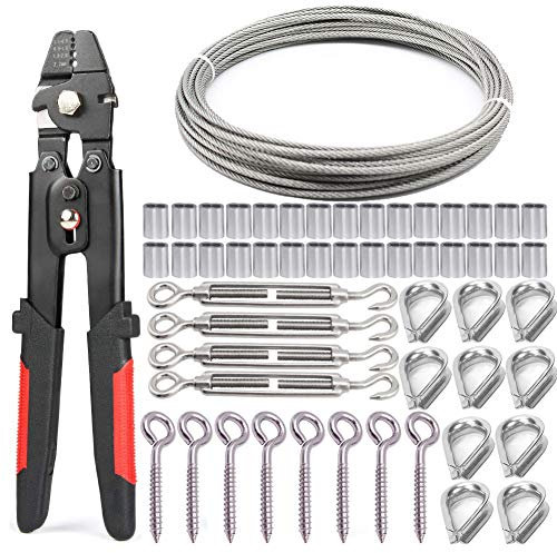 Nikang Cavo Acciaio Kit, Filo Acciaio Inox 2mm*30m+ Pinza Crimpatrice per Manicotti Alluminio +30 Manicotti per Funi Metalliche +4 Tenditori +8 Viti a Occhiello +10 Redance per Fili D’acciaio
