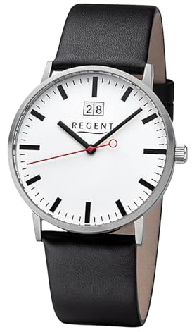 Regent Herren Armbanduhr aus Edelstahl und Leder in der Farbe Silber-Schwarz-Weiß 39mm, Wasserdichtigkeit: 5Bar, 11110904