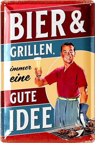 LANOLU Retro Blechschilder Grillen - BIER UND GRILLEN IMMER EINE GUTE IDEE - BBQ Grill Retro Deko - Grillplatz Schild Garten - Papas Grillecke Schild - Schilder mit Sprüchen, 20x30 cm