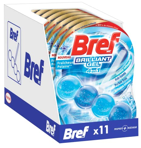 BREF WC Brilliant Gel Fraîcheur Polaire – Produit Nettoyant WC – 4 éléments actifs - Mousse nettoyante - Protection contre la saleté - Parfum frais -Brillance Intense - Lot de 11 Blocs WC (11x50g)