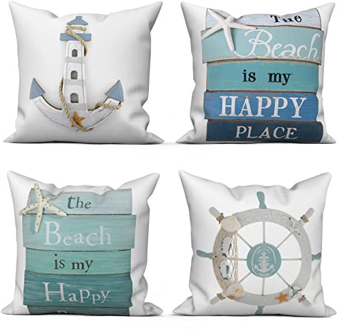 ASDCXZ 4pcs Set 45x45 cm Maritime Anchor Sea Compass White Nautical Christmas Decorative Pillow Cover, 4 count, Square, Indoor, Machine Wash, Bedroom, Living Room