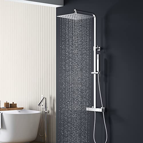KOMIRO Thermostatische Duschsäule, Duschkopf, 25 x 25 cm, Edelstahl, höhenverstellbar, Duschset für Badezimmer, Thermostat, quadratisch