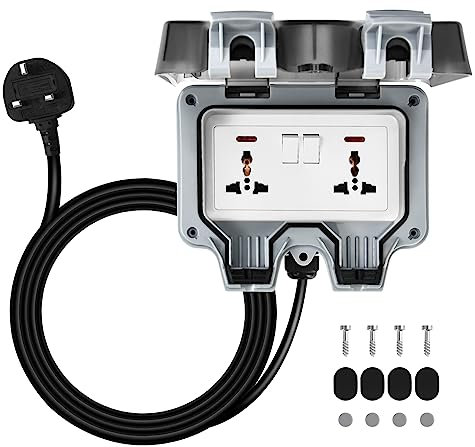 Outdoor Sockets Waterproof Double Socket with 6M Extension Cable, 13A Wall Power Socket with Switch Cover for Garden, Garage, Bathroom, Patio