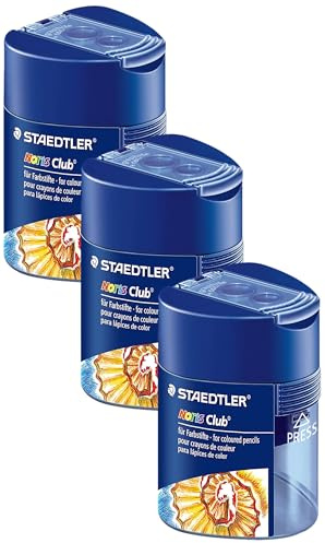 STAEDTLER Doppelspitzdose Noris Club, zwei Spitzlöcher für unterschiedliche Stiftformate, mit Verschlussdeckel, dreikant, blau transparent, 512 128 (Packung mit 3)
