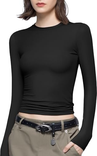 PUMIEY Long Sleeve Shirts for Women Slim Fit Tops Fall Fashion Basic Tee, Jet Black Small