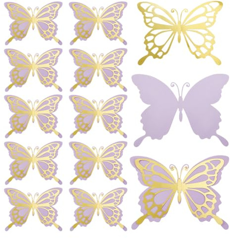 AHANDMAKER 12 Grandi Decorazioni a Forma di Farfalla, Adesivi in Carta 3D, Doppi Adesivi per Parete, Feste di Compleanno - Oro e Viola