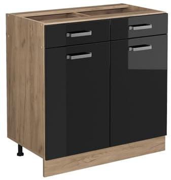Vicco Küchenunterschrank R-Line, Schwarz Hochglanz, 80 cm | 2 Schubladen · Ohne Arbeitsplatte · Höhenverstellbare Füße · 2 Türen · ✓ Leichter Zugriff