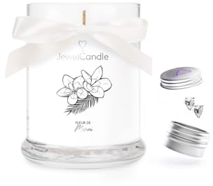 JuwelKerze Fleur de Monoi + Ohrringe Silber - Schmuckkerze 40 Std - Duftkerze im Glas mit exotischem Duft - Kerze mit Schmuck - Geschenke für Frauen, Geburtstag