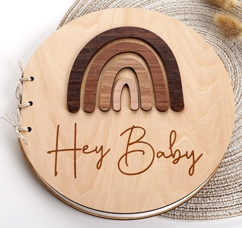 HOUISM Babyparty Gästebuch Baby Shower Erinnerungsalbum Gästebuch Taufe Holz für Babyparty Geschenk Babyshower Deko, Holz Gästebuch als Baby Shower Erinnerungsalbum,（3D Regenbogen）