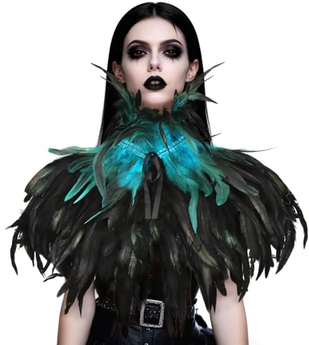 Svart fjäderhals, gotisk fjädersjal, fjäder sjal, sjalar fjäder halsduk, kostym korp för halloween karneval cosplay klä upp fest, Blå, M