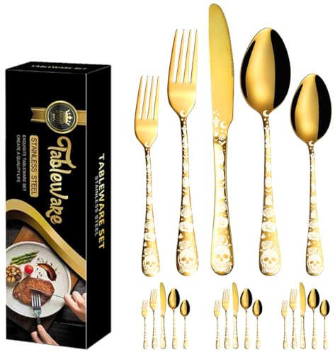 XIAOYU 20 Piece Halloween Skull Silverware Set, Tableware Cutlery Set Service for 4, Forks Knives Spoons Set with Skull Pattern Handle, Gothic Flatware Set for Halloween Easter and Christmas