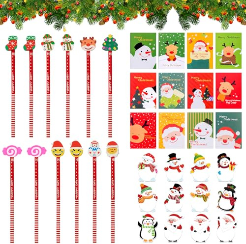 Weihnachten Schreibwaren Set enthält 12 Mini Notizbuch, 12 Weihnachtsstifte, 12 Weihnachtliche Haftnotizen, Kleine Weihnachtsgeschenke, Schulbüro Familie, Weihnachten Kreativ Geschenk für Schüler