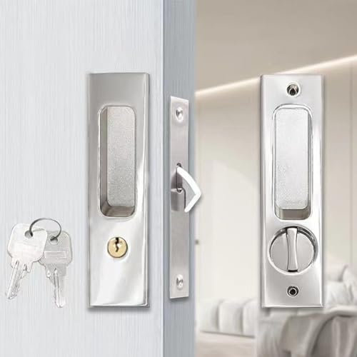 HEBEOT Sliding Door Lock Sliding Door Mortice Lock Bolt Handle With Keys Zinc Alloy Invisible Door Lock For Bathroom, Kitchen For Door deep 35-60mm (Silver)
