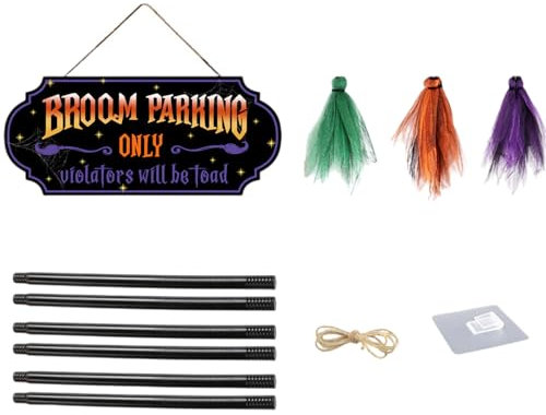 MOIDHSAG Halloween Witch Broom Parking Wall Sign With 3 Wood Brooms Handmade Broomsticks Signage Festival Home Decoration