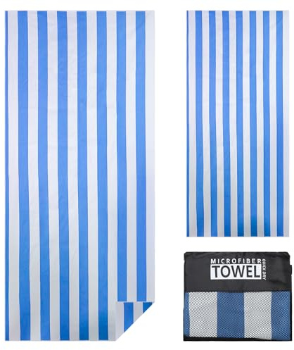 TMEOG Strandtuch Mikrofaser 180x80cm Badetuch Strand Badehandtuch Groß Sandfrei Schnelltrocknendes Strandhandtuch Dünn Strandlaken Leicht Beach Towel für Damen Herren(Blau Streifen)