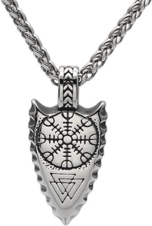 TQWSVUM Speerkopf Halsketten Für Männer - Nordische Wikinger Helm Der Ehrfurcht Pfeilspitze Edelstahl Anhänger Amulett Mit Weizenkette - Handgemachter Charme Vintage Schutz Schmuck Geschenke
