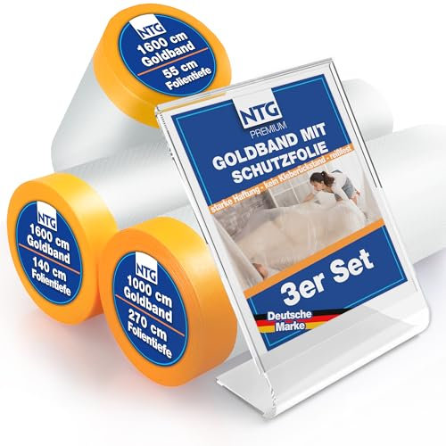 NTG 42m Abdeckfolie mit Klebeband – 3er Set (55cm, 140cm & 270cm) Malerfolie,Goldband, abklebeband Maler Staub- & Spritzschutz für Renovierungen, Lackierarbeiten & mehr