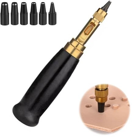 CLKE Adjustable Japanese Screw Hole Punch, Leather Screw Hole Punch Tool with Wood Handle, 6 Tips Sizes: 1.5mm, 2mm, 2.5mm, 3mm, 3.5mm, 4mm for Sewing, Belts, Auto Leather, Paper Bookbinding Tool