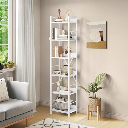 YITAHOME Bücherregal mit 6 Ebenen, Industrielles Standregal, Metallrahmen und Holzregale, Hohes Lagerregal mit 4 Haken, Präsentationsorganizer, für Wohnzimmer, Heimbüro, Weiß Regal
