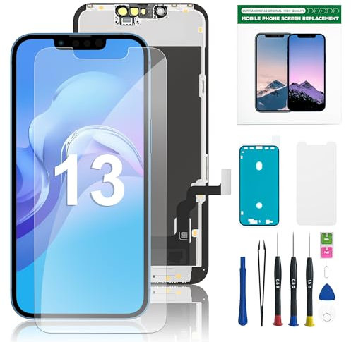 EXW Ecran pour iPhone 13 Noir 6.1 Pouces -Écran Tactile Digitizer Assembly avec Kit De Réparation Complet et Protecteur D'écran, A2633 A2482 A2631 A2634 A2635