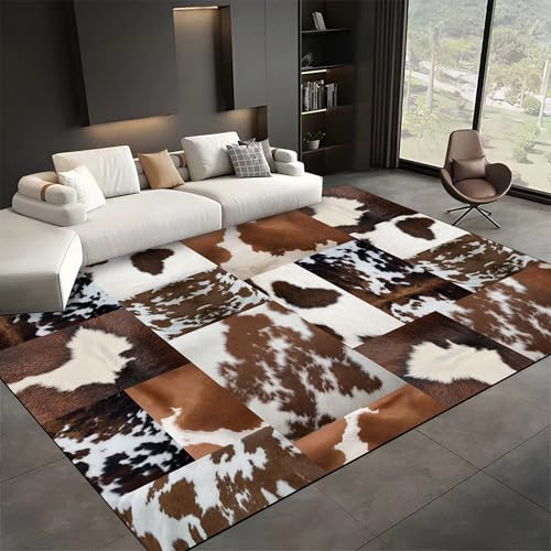 Luyemci Cowhide Area Rugs, 180x230cm, Cow Print Western Decor Rug for Indoor, Floor Decor with Non Slip Backing Carpets, Breathable Easy Clean Soft Washable Carpet for Hallway Entryway