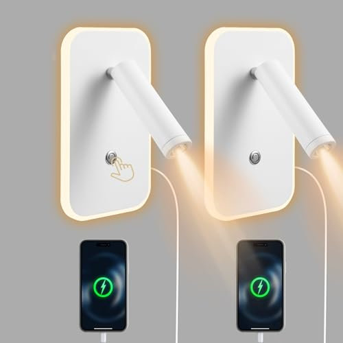 Lampe de Lecture LED, Applique Murale LED, Liseuse de Chevet Réglable, avec Port de Charge USB et Type-c , Lumières Murale Gradation en Continu pour Chambre, Couloir, Hôtel(3W+9W)(Blanc 2pcs)
